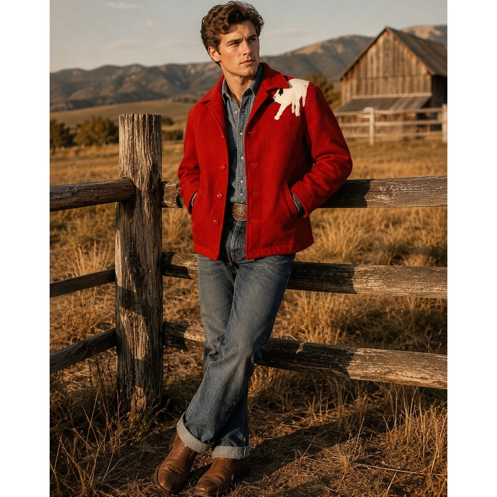 Red Men's Wool Shirt Jacket with White Horse Appliqué